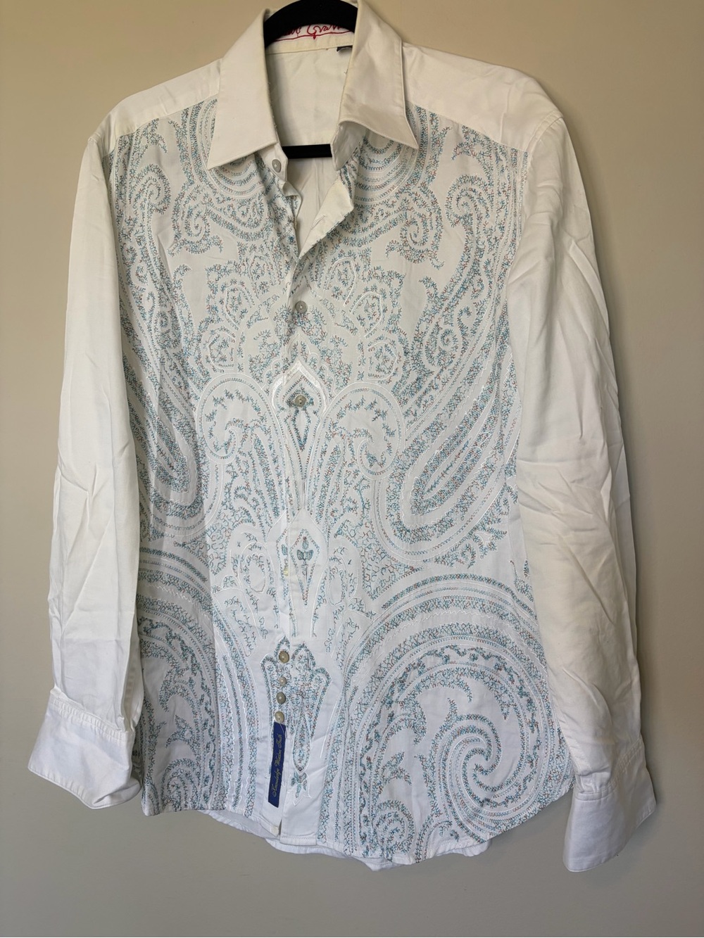 Robert Graham White Shirt with Light Blue Paisley Design Large
